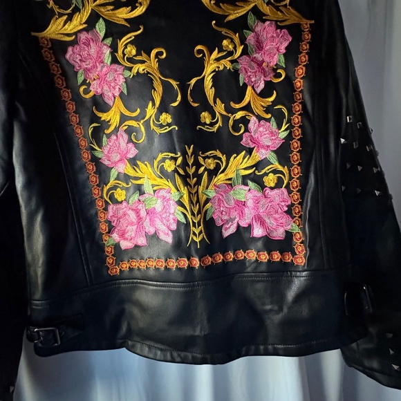Silence + Noise Studded Embroidered Black Faux Leather Full Zip Jacket Women S - Picture 10 of 13